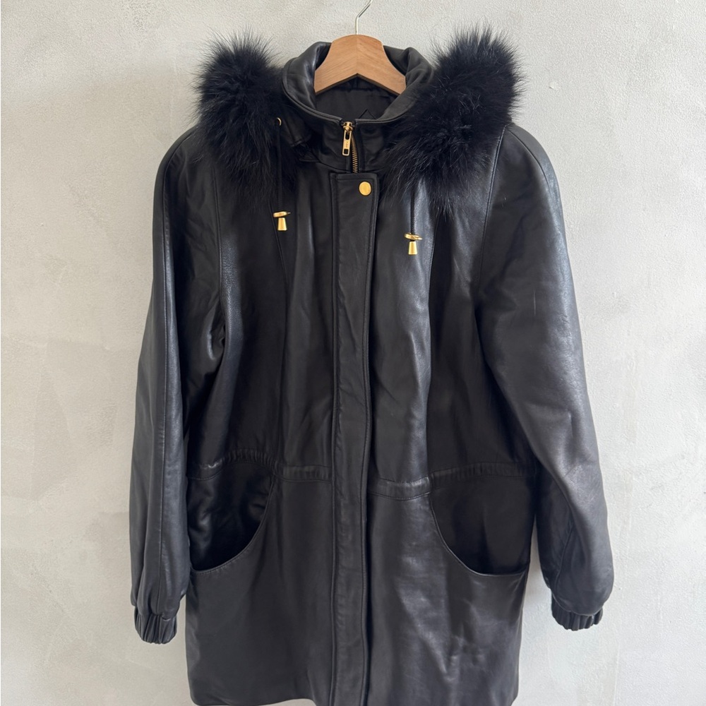 Worthington / Black Leather Jacket with Fur Trim / Size S